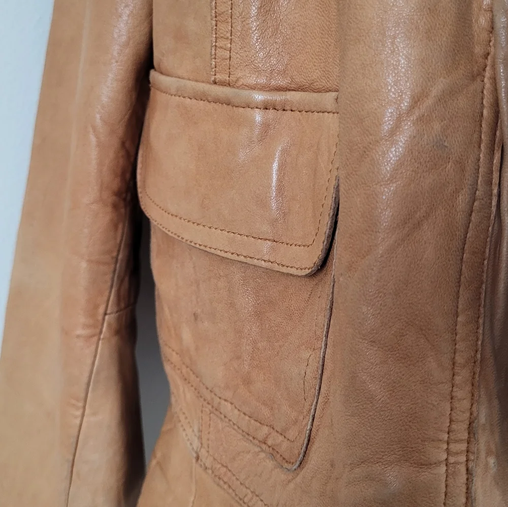 Women's Tan Ruffle Leather Jacket - Picture 14 of 14
